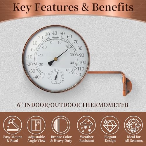 6 inch Outdoor Thermometer for Greenhouse, Garage and Patio. Weatherproof & Decorative Outside Temperature Gauge for Window, Antique Copper with Humidity (Easy-Read Brass Swivel Design)