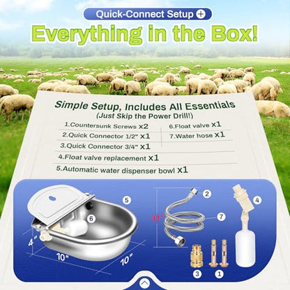 Ademon Automatic Animal Drinking Water Bowl with Float Valve, Standard Pipe, Stainless Steel Waterer Feeder Farm Dog Dispenser Kit Self Filling for Livestock Horse Goat Water Trough - size: Standard Setup (Essential)