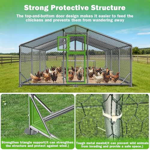 10x20FT Metal Chicken Coop, Large Chicken Run with Dutch Door Chicken Perch, and 2 Cover, Walk in Duck Coop for Backyard Poultry and Pet Farming - size: 3 Unit Coop With Chicken Perch