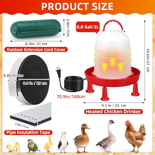 3 Pcs 0.8 Gallon 3l Heated Chicken Waterer Kit, Anti-Freeze Poultry Drinker for Spring Cold Nights with Outdoor Extension Cord Safety Cover, Insulation Tape, Waterer for Small Flocks - size: 0.8 Gallon