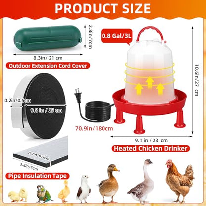 3 Pcs 0.8 Gallon 3l Heated Chicken Waterer Kit, Anti-Freeze Poultry Drinker for Spring Cold Nights with Outdoor Extension Cord Safety Cover, Insulation Tape, Waterer for Small Flocks - size: 0.8 Gallon
