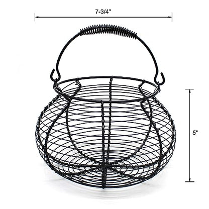 CVHOMEDECO. Elegant Wire Egg Basket with swimming Handle Primitives Vintage Gathering Basket. Black - size: 7-3/4" Dia. x 5" H - Black
