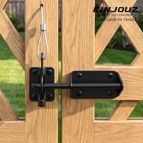Heavy Duty Gate Latch for Wooden Fence, Automatic Self Locking Gravity Door Latch for Wood/Metal Gate with Cable Pull, 7-1/2" Gate Hardware Latch for Pool & Dog Door, Shed Garden, Black