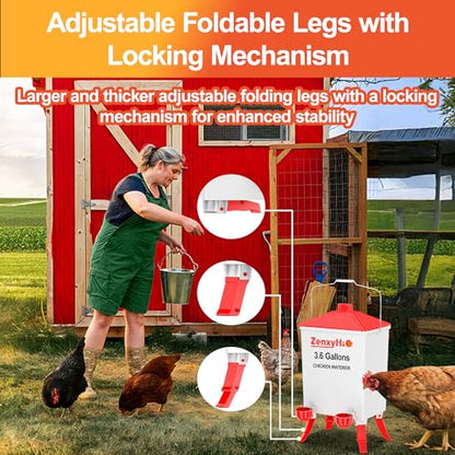 ZenxyHoC 3.6 Gal Chicken Waterer with Anti-Roost Cone, 3 Height Adjustable Locking Legs and 4 Automatic Water Cups for Backyard Flock - style: Waterer with Cups