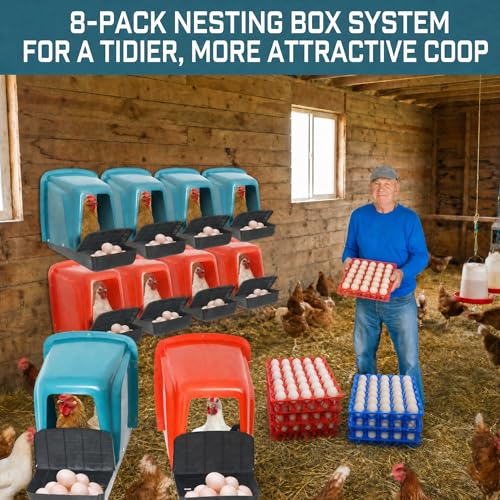 8-Pack Roll Away Chicken Nesting Boxes with 8 Egg Trays (30-Egg Capacity Each), Durable Plastic Nesting Boxes for Hens, Chicken Coop Accessories with Perch for Easy Egg Collection