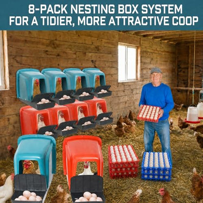 8-Pack Roll Away Chicken Nesting Boxes with 8 Egg Trays (30-Egg Capacity Each), Durable Plastic Nesting Boxes for Hens, Chicken Coop Accessories with Perch for Easy Egg Collection