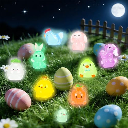 56 Pcs Easter Luminous Mini Resin Figurines 56 Style Glow in The Dark Little Small Resin Miniatures to Hide Bulk Bunny Chick Figures for Easter Party Favors Egg Fillers Micro Garden Landscape Decor - style: 56Pcs-Luminous Easter