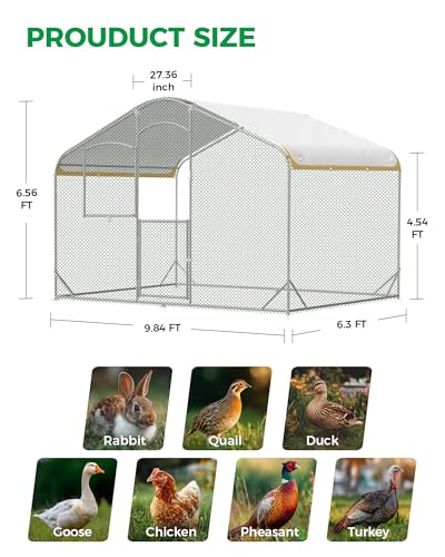 Large Metal Chicken Coop with Run, 6.3FT Walk-in Chicken Run for Yard with Waterproof & Anti-UV Cover, Spire Roof Outdoor Poultry Cage for Chickens Ducks Rabbits Backyard Farm