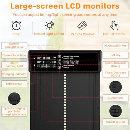 Automatic Chicken Coop Door,Solar Chicken Coop Door with Remote Control, LCD Display Automatic Chicken Door Function with Timer, Light Sensor, Anti-Pinch,Made of Aluminum Alloy and ABS
