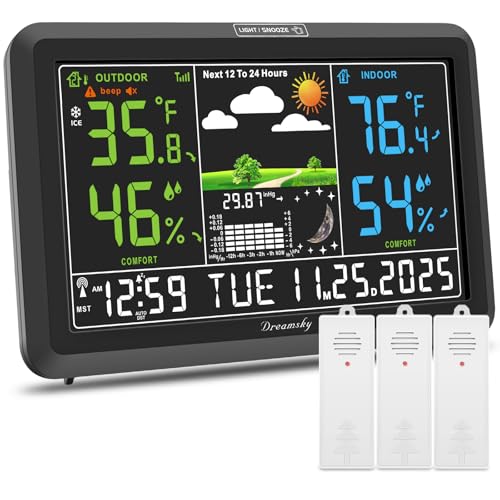 DreamSky Weather Station Indoor Outdoor Thermometer Wireless, Atomic Clock | Digital Large Display with Dimmer, USB Port, Inside Outside Temperature Humidity Monitor for Home (Plug-in)-3 Sensors - color: Black with 3 sensor