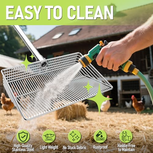 Huracan Chicken Poop Scooper 15 inch, Metal Large Litter Sifting Shovel, Heavy Duty Chicken Coop Scoop with Detailed Mesh, Adjustable 36" to 61" Stainless Steel Long Handle, for Sand Coop Cleaning