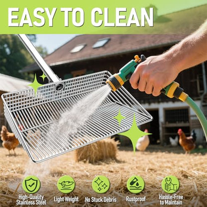 15-inch Metal Extra Large Chicken Poop Scooper, Heavy Duty Chicken Coop Scoop with 36" to 61" Adjustable Stainless Steel Long Handle, Litter Sifting Shovel for Chicken Coop Cleaning