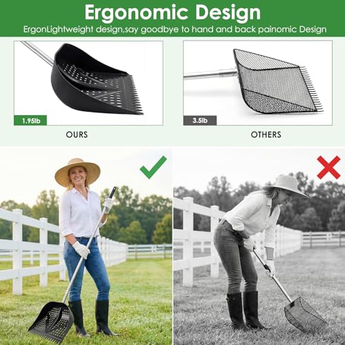 Heavy-Duty Yet Lightweight Chicken Poop Scooper & Rake 2-in-1, Adjustable Handle Length from 38" to 66", Features Manure Sifting Capability – Ideal for Chicken Coops and Farm Animal Cleaning (Black) - color: Black