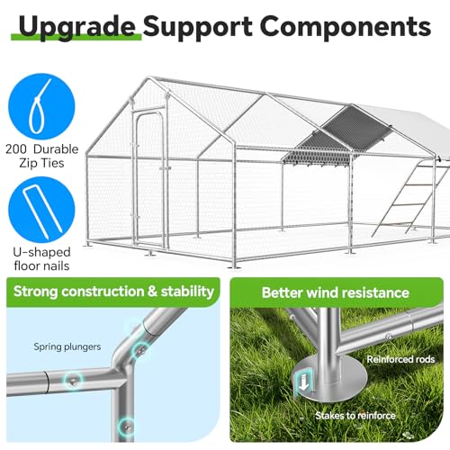 Large Metal Chicken Coop with Weatherproof Cover and Multi-Purpose Chicken Run for Chickens, Ducks, Rabbits, Farm and Yard Animal Pen (10’ W x 19.7’ L x 6.4’ H, Spire Roof-Roosting Perch) - size: 20x10Ft - Spire