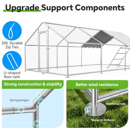 Large Metal Chicken Coop with Weatherproof Cover and Multi-Purpose Chicken Run for Chickens, Ducks, Rabbits, Farm and Yard Animal Pen (10’ W x 19.7’ L x 6.4’ H, Spire Roof-Roosting Perch) - size: 20x10Ft - Spire