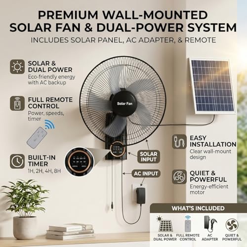 Solar Fans for Outside 16", Waterproof Wall Mounted Fan Indoor Outdoor, Oscillating Solar Powered Fan with Remote, 3 Speeds Quiet Porch Fan for Patio, Greenhouse, Garage, Barn