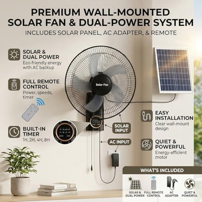 Solar Fans for Outside 16", Waterproof Wall Mounted Fan Indoor Outdoor, Oscillating Solar Powered Fan with Remote, 3 Speeds Quiet Porch Fan for Patio, Greenhouse, Garage, Barn