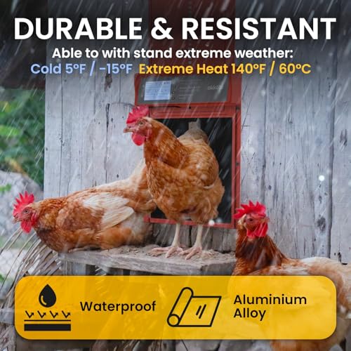 Okkobi Automatic Chicken Coop Door Solar Powered - LCD Display - Chicken Coop Door with Remote Control, Light Sensor & Timer - Security & Peace of Mind: Anti-Pinch Function - 5-Year Protection - Red - color: Red