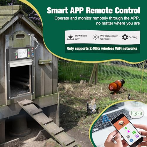 Automatic Chicken Coop Door, TUYA App Status View Solar Door WiFi Enable | Door Status show in the App via Wi-Fi; Timer, Light Sensor, Anti-Pinch, WiFi Reconnection, 4000 mAh Rechargeable