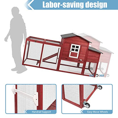 PetsCosset 79" Wooden Chicken Coop Rabbit Cage with Nesting Box, Waterproof Roof, Removable Tray, Combinable - color: Hen house-Red, size: 75.0"L x 26.0"W x 39.0"H
