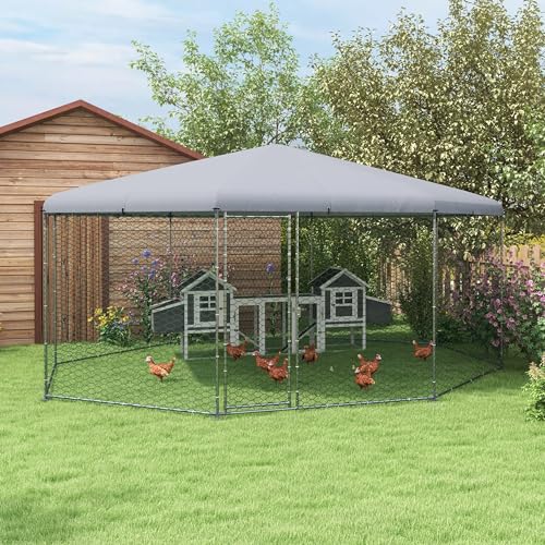 PawHut Large Chicken Coop Metal Chicken Run for Chickens with Waterproof and Anti-UV Cover, Polygon Shaped Walk in Fence Cage Hen House for Outdoor and Yard Farm Use, 1" Dia, 17.1' x 15.7' x 9'