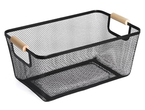 AJIODA Metal Mesh Steel Basket, Medium Wire Storage Organizer Basket Multi-function Hanging Kitchen Basket with Wood Handle for Kitchen Bathroom Picnic Home, Rectangle-Black - color: Black, size: 1Pack-Medium