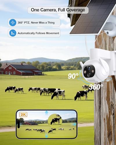 4G LTE Cellular Security Camera, No WiFi Needed, Solar Powered with Built-in eSIM, 2K Pan Tilt, PIR Motion Detection & Auto Tracking, Color Night Vision for Farm, Ranch, Barn & RV