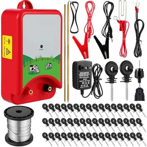 MorningRo 8 Mile Electric Fence 12000V 1.5Joule Electric Fence Charger Kit with Copper Ground Rod Insulator Socket Tool Aluminum Wire for Containing Dog Livestock
