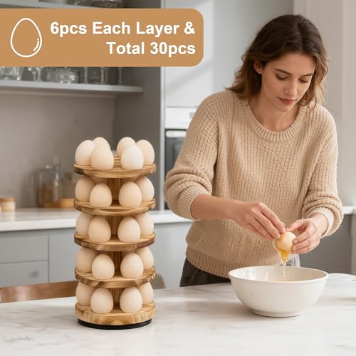 Wooden Fresh Egg Holder Countertop, 5 Layer Rotating Countertop Egg Holder for Fresh Eggs, Stackable with 30 Eggs for Countertop Kitchen, Pine - color: Natural