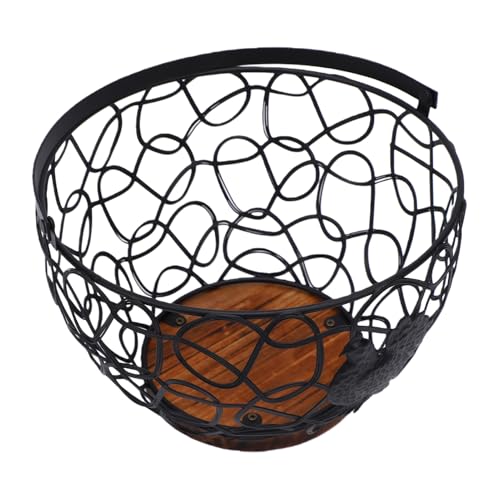 Rustic Wooden Base Wire Egg Basket with Sturdy Metal Handle Farmhouse Kitchen Decor Easter Display Coop - color: Black