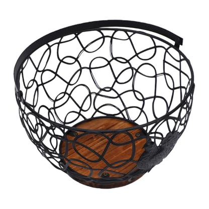 Rustic Wooden Base Wire Egg Basket with Sturdy Metal Handle Farmhouse Kitchen Decor Easter Display Coop - color: Black