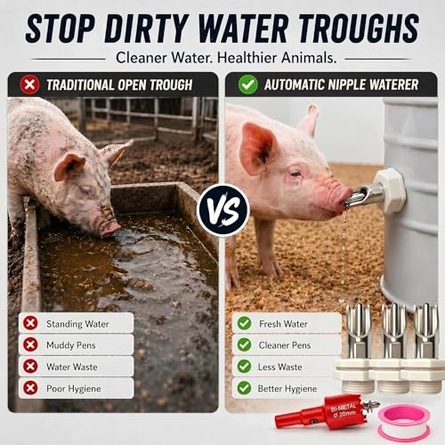 Pig Water Nipple for Barrel Watering Systems, 3-Pack Stainless Steel Bite-Activated Drinker with Brass Mounting Hardware for Swine, Goats and Livestock, Pig Waterer System Compatible