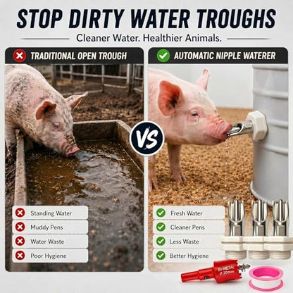 Pig Water Nipple for Barrel Watering Systems, 3-Pack Stainless Steel Bite-Activated Drinker with Brass Mounting Hardware for Swine, Goats and Livestock, Pig Waterer System Compatible