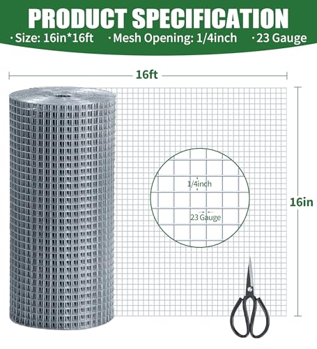 Hardware Cloth 1/4 Hot Dip Galvanized Wire Mesh Roll 23 GA Building&House Repaird Wire Fence Mesh - for DIY, Coops, Rabbit,Snake Fences, DIY Crafting,Plants Protective & Screen Mesh Silver - color: Silver(16IN*16FT-1/4)