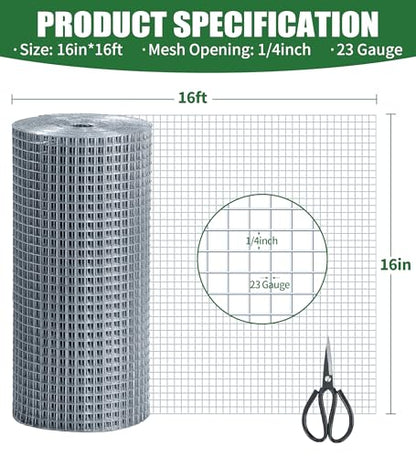 Hardware Cloth 1/4 Hot Dip Galvanized Wire Mesh Roll 23 GA Building&House Repaird Wire Fence Mesh - for DIY, Coops, Rabbit,Snake Fences, DIY Crafting,Plants Protective & Screen Mesh Silver - color: Silver(16IN*16FT-1/4)