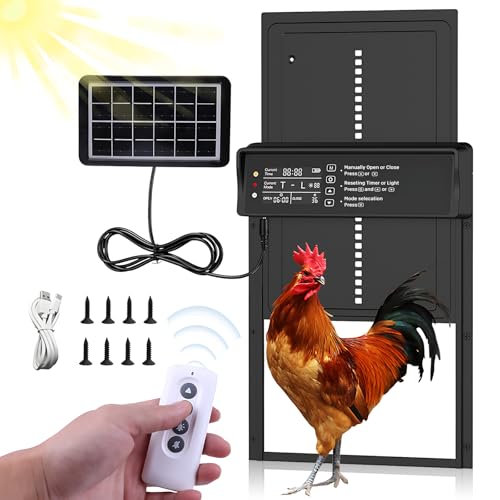 Automatic Chicken Coop Door,Solar Chicken Coop Door with Remote Control, LCD Display Automatic Chicken Door Function with Timer, Light Sensor, Anti-Pinch,Made of Aluminum Alloy and ABS