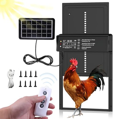 Automatic Chicken Coop Door,Solar Chicken Coop Door with Remote Control, LCD Display Automatic Chicken Door Function with Timer, Light Sensor, Anti-Pinch,Made of Aluminum Alloy and ABS