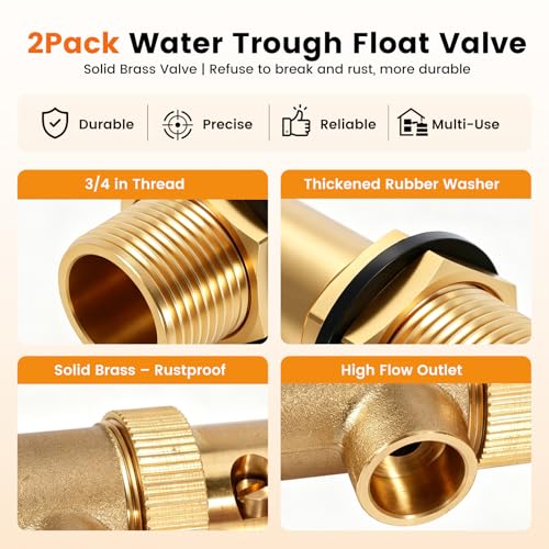 2 Pack Brass Float Valve 3/4 Inch, Auto Water Level Control, No leakage | Water Float Valve with Adjustable Arm, Auto Shut off Pool Pond Float Ball Valve for Trough,Fountains,Water Tank,Aquariums - color: 3/4 in Orange