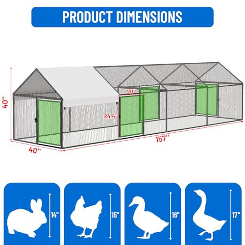 NUGRIART Metal Chicken Coop with Run & Duck House – 157”x40”x40” Waterproof Poultry Cage, Connects to Wooden Coops to Expand Space, Ideal for Chicks, Hens & Ducks