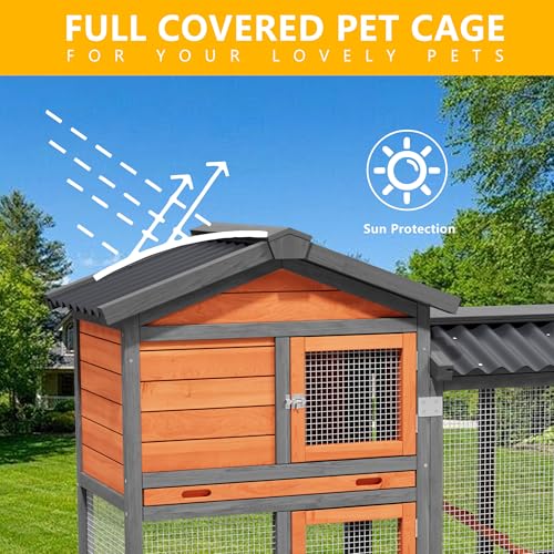 Chicken Run Coop, Wooden Duck Coop Outdoor 2-Tier Hen House All Weather Used Poultry Quail Cage Rabbit Hutch Pet Hideout with Ramp for Small Medium Animals-Expandable Design (Brown) - color: Brown