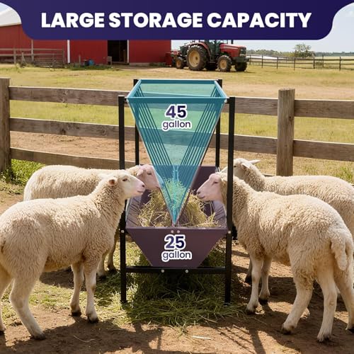 70 Gallon Livestock Hay Feeder, Metal Hay Rack with 25 Gallon Feeding Trough, Dual-Purpose Feeder for Goats, Sheep, Calves, Cows and Horses, Durable for Pasture Feeding