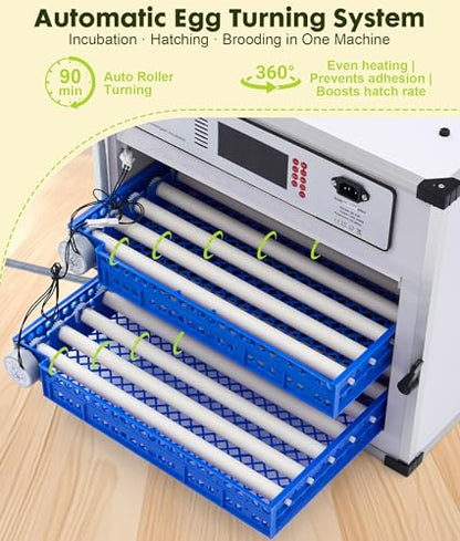 Automatic Egg Incubator for 136 Eggs - Digital Temp & Humidity Control, Auto Turner, Dual Power AC/DC, LED Flashlight, View Window - Commercial Use for Chicken Duck Quail