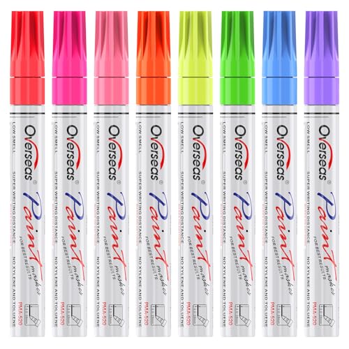 Overseas Neon Fluorescent Paint Marker Pens - 8 Colors Oil-Based Paint Markers, Medium Tip, Quick Drying and Waterproof Permanent UV Marker for Plastic, Glass, Rock, Wood, Canvas, Metal, Pumpkin