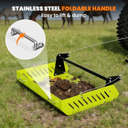 2-in-1 Mini Horse Paddock Cleaner with Tow-Behind Trailer, Heavy Duty Manure Fork & Scoop, Efficient Pasture Sweeper & Manure Collector for Easy Yard Cleanup