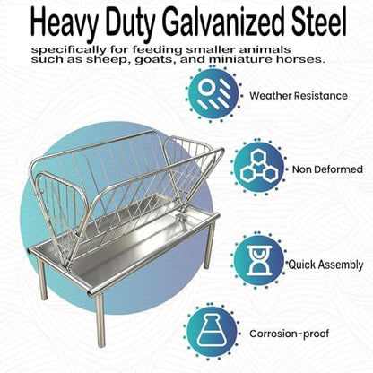 Heavy Duty Steel Livestock Feeder, Long Outdoor Pasture Hay Feeder, 2 in 1 Grain Hay for Sheep Mini Horses, Rust-Resistant & Easy Setup