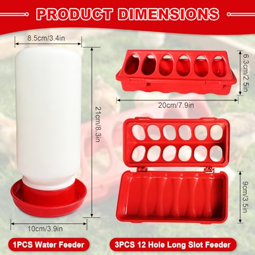Chick Feeder and Waterer Set, 3 Pack 12-Hole No-Spill Poultry Feeders with 1PCS 1L Automatic Chicken Waterer, Baby Chick Starter Kit for Ducklings, Quail, Small Birds
