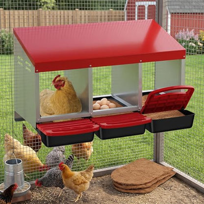 Metal Chicken Nesting Box - Heavy Duty Nesting Boxes for Chickens Coop with Easy-Collect Tray & Lid, 3 Hole Galvanized Steel Egg Laying Boxes for Hens Ducks, Freestanding or Wall Mounted