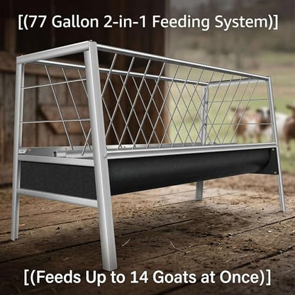 Stainless Steel Hay Feeder for Goats, 77-Gallon Livestock Feeder with 22-Gallon Rubber Feeding Pan, 33.4" Anti-Waste Rack for Sheep, Miniature Horses and Small Farm Animals - color: black and white
