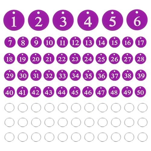 PATIKIL 50PCS Number Tags 1-50, Number Key Tags Aluminum Numbered Keychain Metal Round with Key Rings for Organizer Field Sales Hangers Clothes Labels ID, Purple - color: Purple