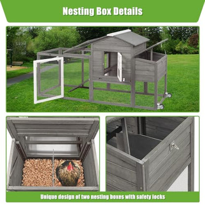 Ketive Chicken Coop with Run and Wheels, Outdoor Wooden Hen House with Nesting Box, Asphalt Roof, Removable Tray, Mobile Poultry Cage Rabbit Hutch - color: Grey, size: 74.8"L x 22.1"W x 39.4"H